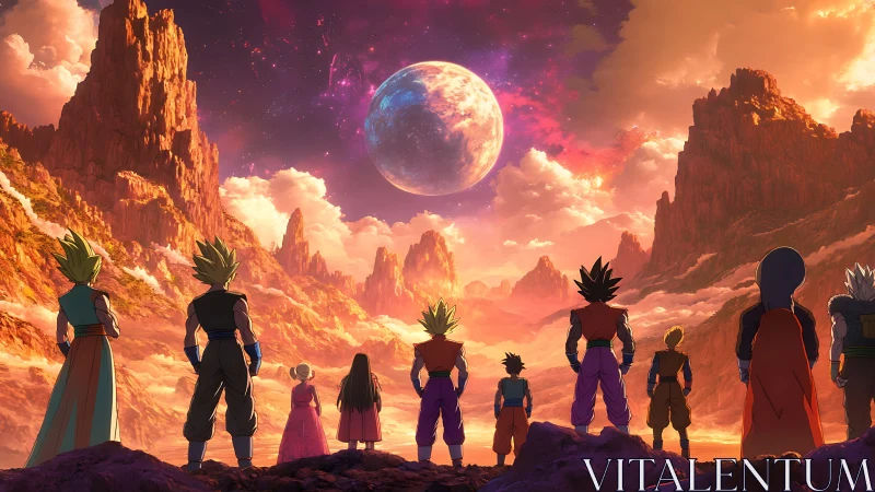 Warriors observe glowing planet above dramatic alien canyon