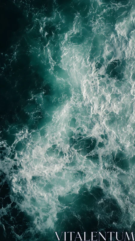 Storm-tossed teal ocean surface churns with foaming waves