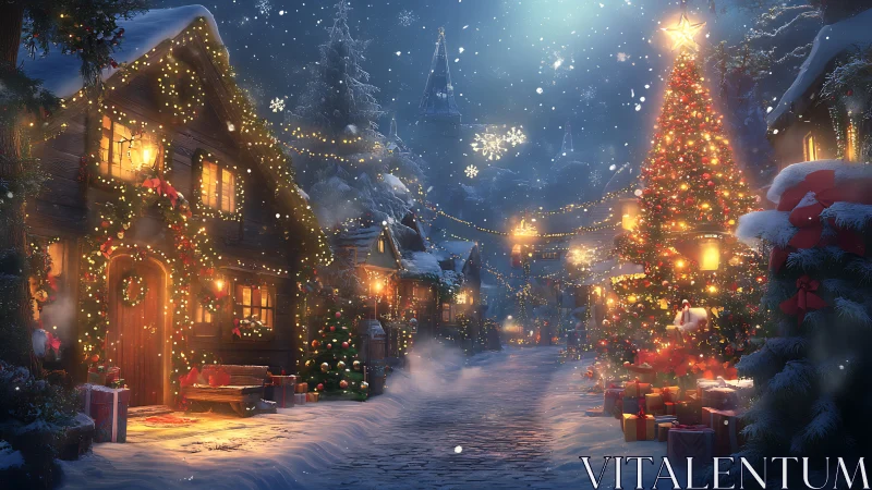 Snowy Christmas village street glows with festive lights.