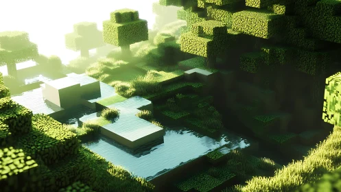 Sunlit voxel forest with reflective water pool scene.
