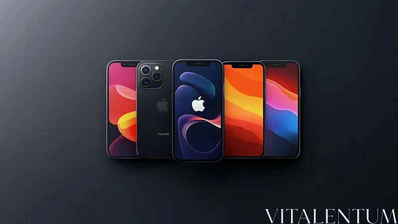 Five iPhone models display gradient wallpapers against dark background.
