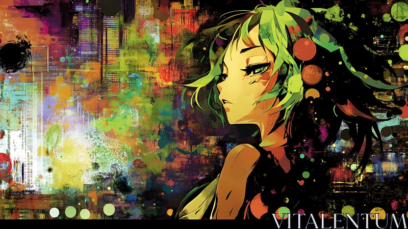 Side profile anime figure amid dense abstract color matrix