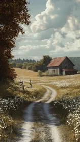Sunlit country lane curves gently toward a quiet farmhouse
