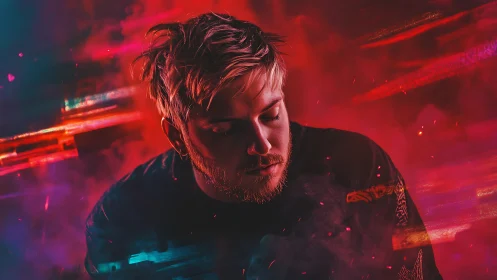 Cinematic portrait in neon magenta cyan light trails haze