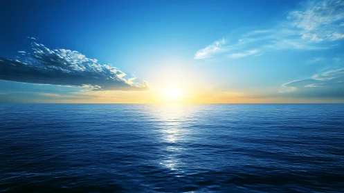 Radiant sunrise over calm ocean horizon in vivid blue tones.
