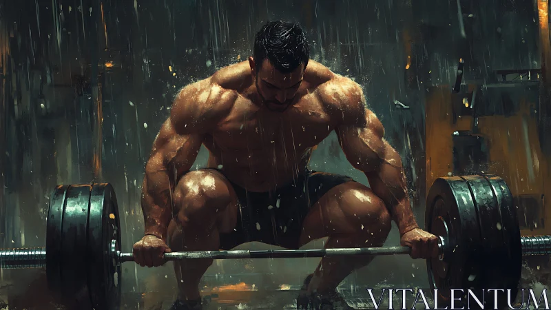 Digital painting of muscular lifter gripping heavy barbell.