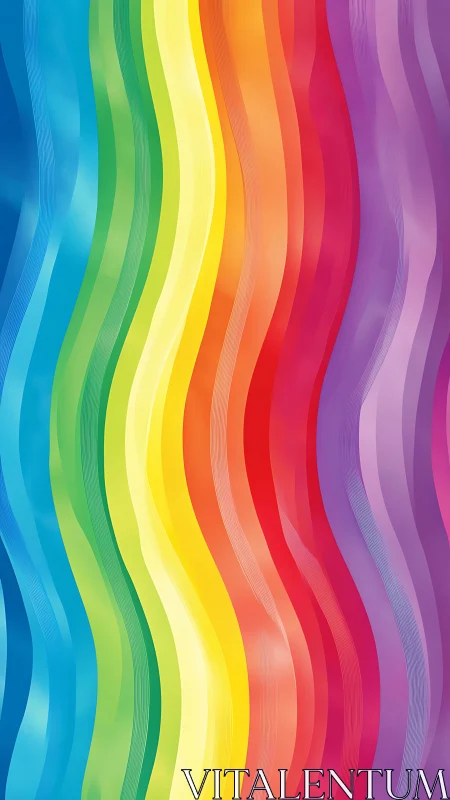 Vibrant vertical rainbow ribbons curve across abstract field
