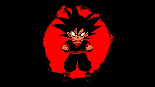 Stylized cartoon fighter stands before red circular backdrop