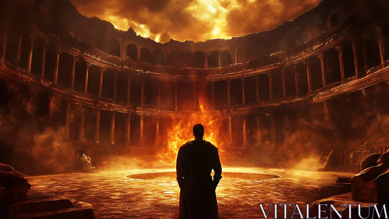 Lone figure in burning ruined coliseum under fiery sky.