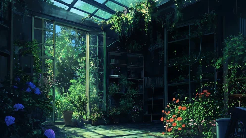 Sunlit glasshouse library integrates dense overgrown foliage