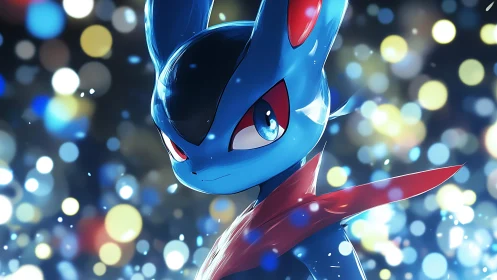Blue foxlike warrior with red scarf amid luminous bokeh field