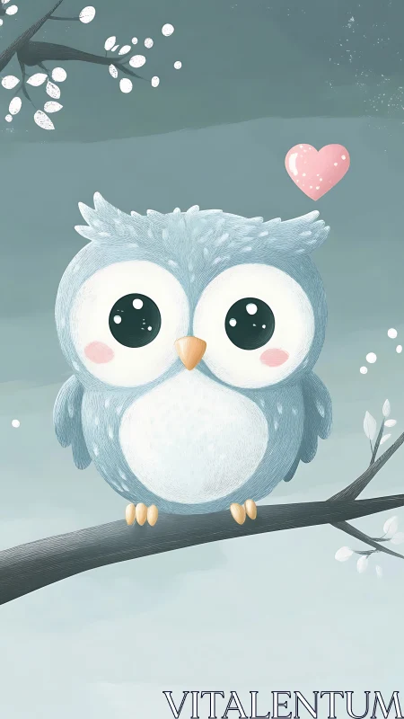 Cartoon blue owl on branch with heart in soft background.