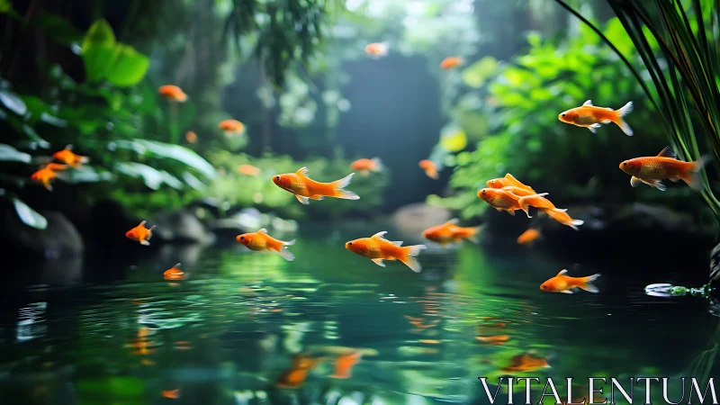 Bright orange fish swim in lush green forest pond scene.