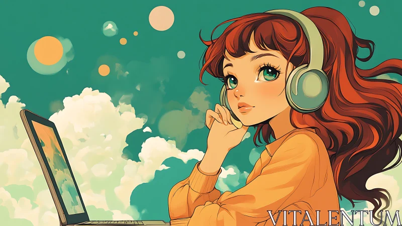 Girl with headphones daydreams beside laptop in soft clouds.