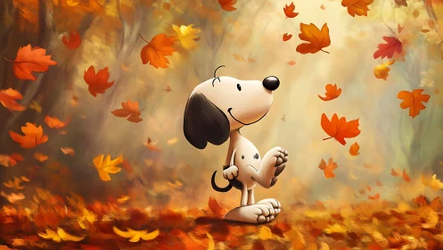 Cartoon beagle dog enjoying colorful autumn leaves outdoors.