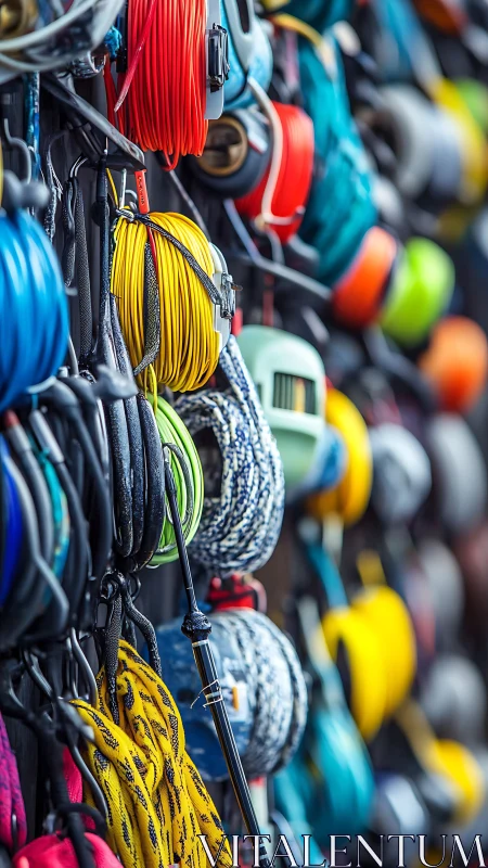 Organized display of climbing ropes, helmets and belay gear