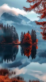 Infrared-toned alpine lake reflection with misted conifer ranges