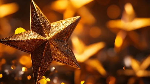 Glistening golden star ornament in festive bokeh glow.