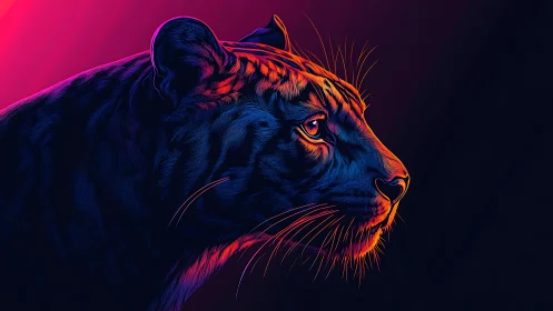 Neon-lit tiger profile radiates fierce focus in vivid night