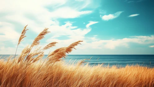 Golden coastal grasses bending in wind beside calm sea.