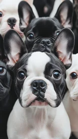 Close portrait study of curious French bulldog puppies.