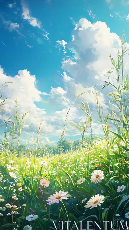 Soft summer meadow blossoms glow under a bright open sky