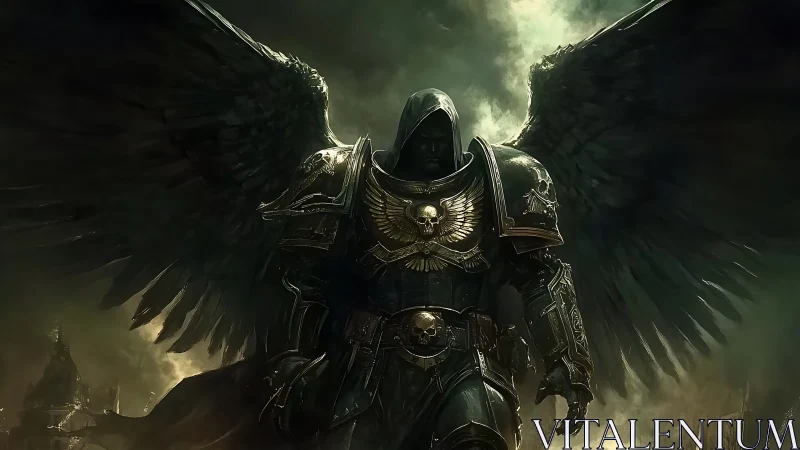 Winged dark paladin strides through stormlit war-torn sky