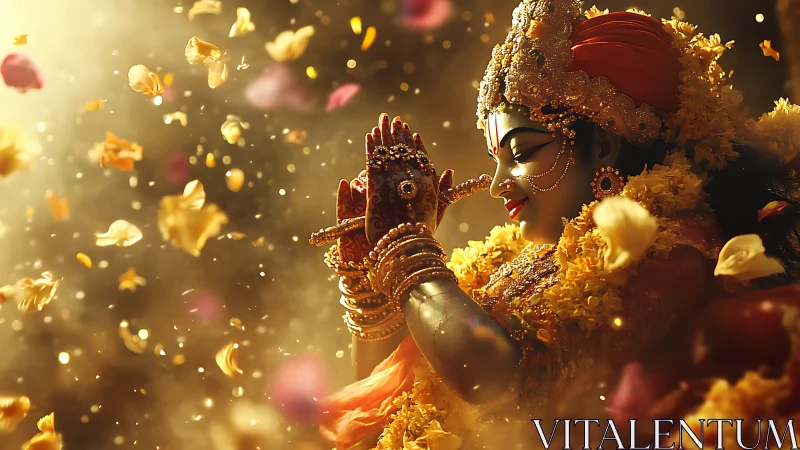 Hindu goddess statue in golden petals and devotional light.
