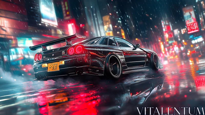 Neon-soaked street racer under futuristic city rainstorm.