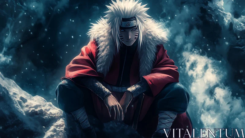 Cold-lit anime warrior crouching amid turbulent digital snowfield