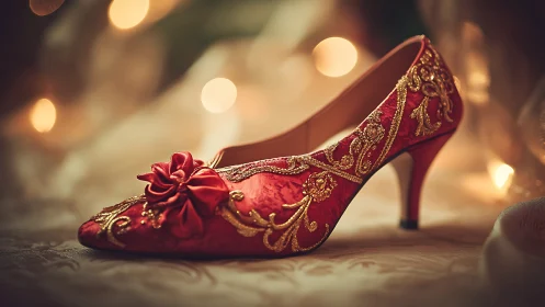 Red brocade heel with gold embroidery in bokeh glow.