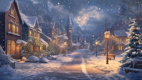 Snowy Christmas village street with warm glowing lights.