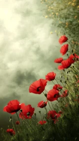 Red poppies photographed against overcast sky with atmospheric haze