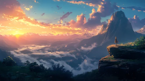 Solitary dreamer above sunlit valley and towering peak.