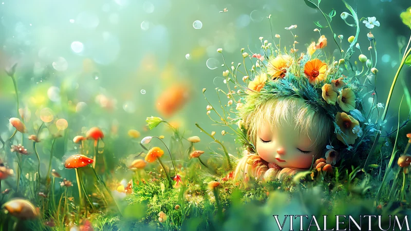 Sleeping forest child rests among glowing mushrooms