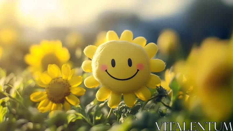 Smiling sunny face toy amid glowing yellow flowers at dawn.