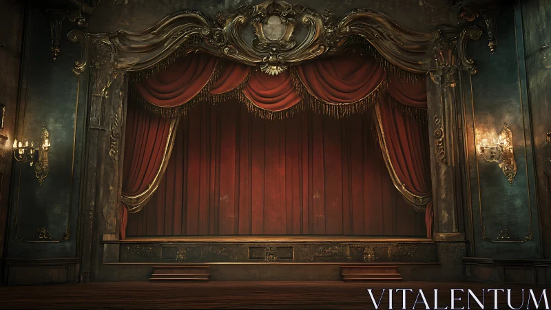 Ornate proscenium stage presents closed red velvet curtains
