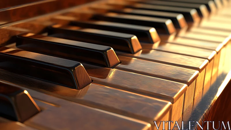 Sunlit piano keys glowing like molten bronze at dusk.