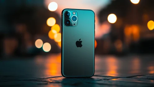 iPhone 11 Pro Max displayed on urban surface with bokeh lighting