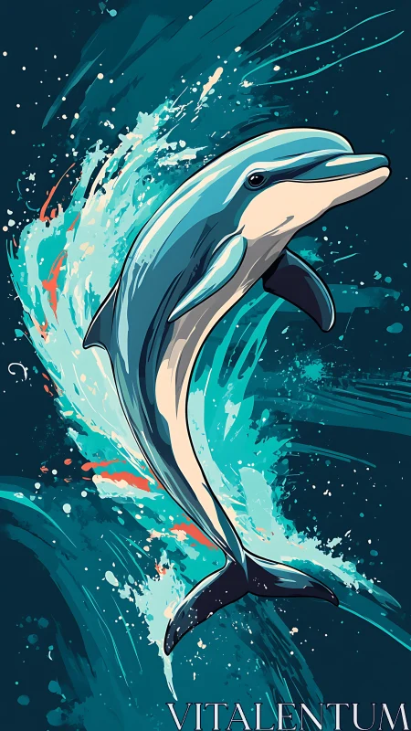 Stylized dolphin illustration with splashing abstract water.