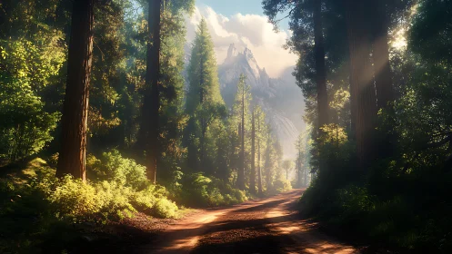 Forest corridor with distant mountain vista and sunlight