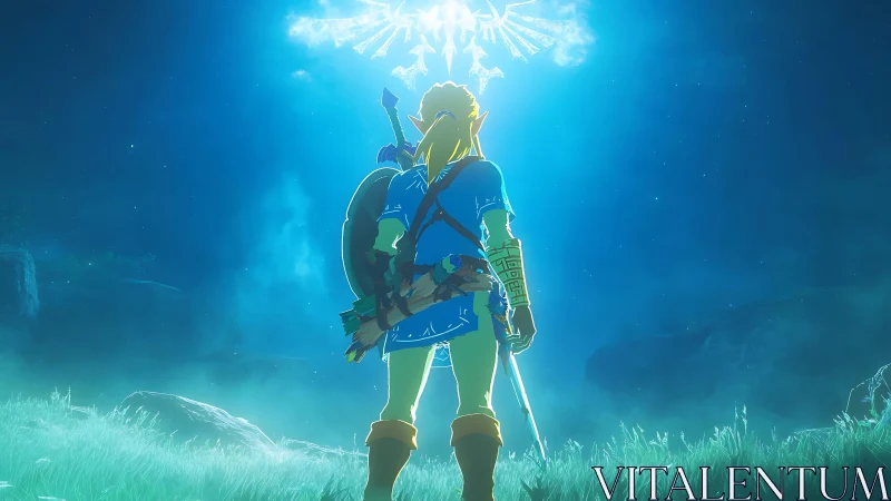 Heroic adventurer stands under glowing sky spirit, ready to rise