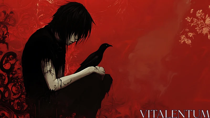 Melancholic figure with crow on red ornamental ground