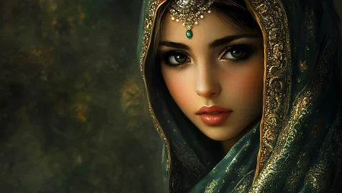 Digital painting portrait with jeweled veil and ornate bokeh background.