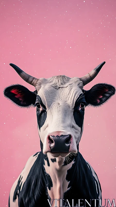Curious black and white cow gazes softly against pink sky