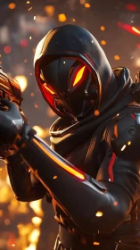 Futuristic hooded soldier aims weapon amid glowing embers