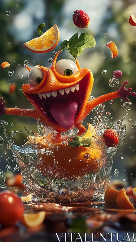 Cartoon orange character splashes in glass bowl of juice