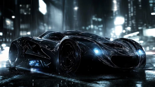 Futuristic black hypercar glows in neon drenched night rain.