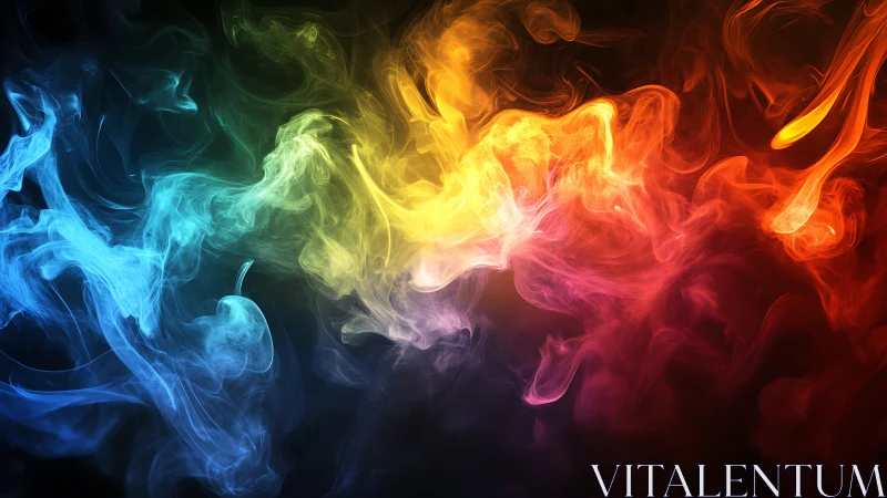 Digital painting of chromatic smoke waves on dark field.