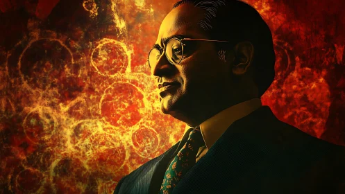 Side-lit male portrait against fractal, high-contrast circular background